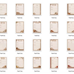 Puede incluir: Una colecci&oacute;n de veinte tarjetas de recetas digitales con un fondo beige claro, bordes marrones e ilustraciones decorativas de utensilios de cocina. Cada tarjeta incluye la palabra Recipe en la parte superior, con secciones para ingredientes.