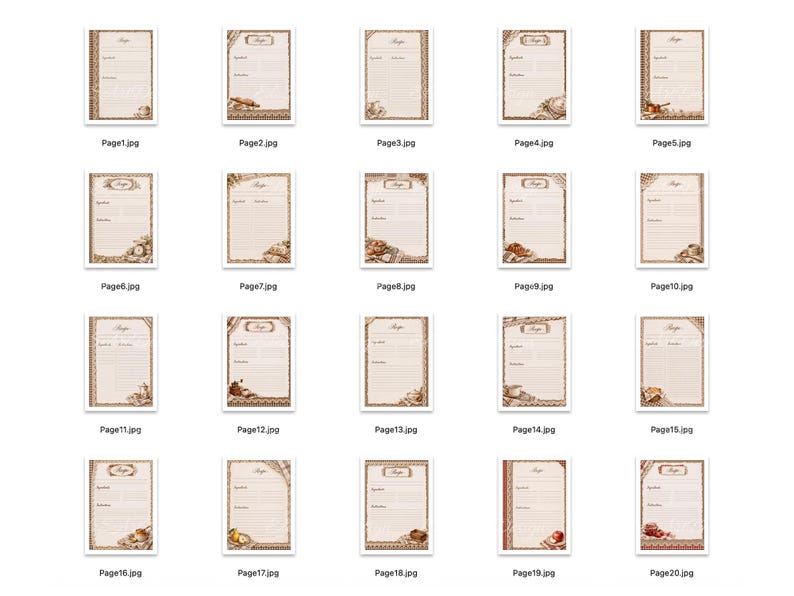 Puede incluir: Una colecci&oacute;n de veinte tarjetas de recetas digitales con un fondo beige claro, bordes marrones e ilustraciones decorativas de utensilios de cocina. Cada tarjeta incluye la palabra Recipe en la parte superior, con secciones para ingredientes.