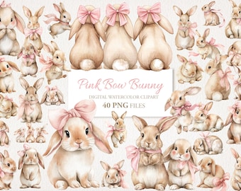 May include: A collection of watercolor illustrations featuring light brown bunnies adorned with pink bows. The central text reads Pink Bow Bunny DIGITAL WATERCOLOR CLIPART 40 PNG FILES. The bunnies are depicted in various poses, including sitting, standing, and facing away.