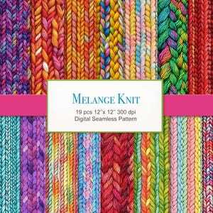 Può includere: Un motivo digitale senza cuciture con una varietà di trame a maglia colorate. L'immagine mostra una collezione di motivi a maglia vibranti e strutturati in tonalità di rosa, viola, arancione, giallo, verde e rosso. Il testo "Melange Knit" è visualizzato su sfondo bianco.