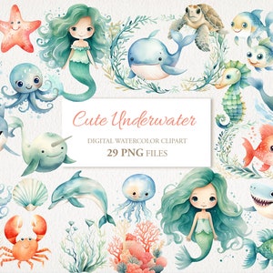 Cute Undersea Watercolor Clipart PNG Bundle.  Children Nursery Art.  AI Illustration. Instant Download for Commercial Use. 29 PACK