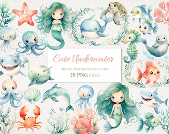 May include: Cute underwater watercolor clipart set featuring 29 PNG files. The set includes a variety of sea creatures, including a mermaid, a narwhal, a shark, a dolphin, a seahorse, a jellyfish, a starfish, a crab, a turtle, and a fish.