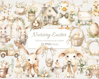Nursery White Country Easter Watercolor Clipart PNG Bundle. AI Illustration. Instant Download for Commercial Use. Junk Journal Card. 33 PACK