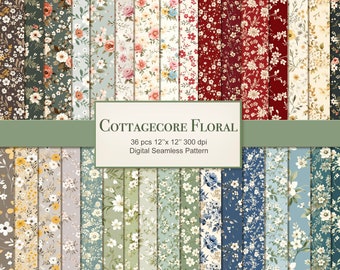 Cottagecore Floral Seamless Pattern. Digital Craft Paper Bundle. Commercial Use. Crafting, Decoupage, Junk Journal. 36 PACK