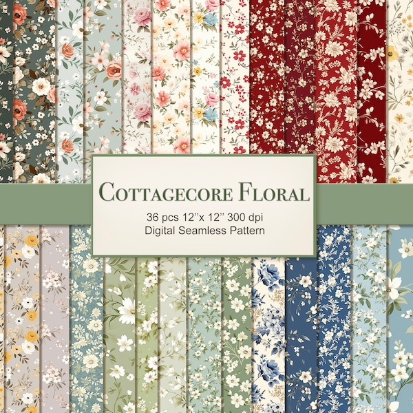 Cottagecore Blumen Musterdesign. Digitales Kraftpapier Set. Kommerzielle Nutzung. Basteln, Decoupage, Junk Journal. 36ER PACK