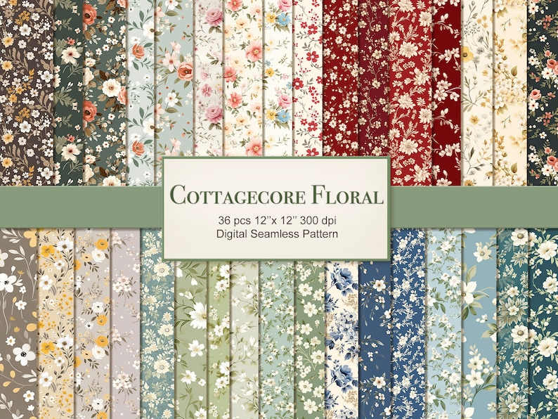 May include: A collection of 36 digital seamless patterns with a cottagecore floral theme. The patterns feature various floral designs in colors like white, red, blue, and green. The image includes the text "Cottagecore Floral" and "36 pcs 12"x 12" 300 dpi Digital Seamless Pattern."