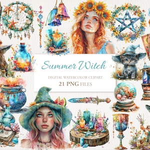 Paquete PNG de imágenes prediseñadas de acuarela de brujería de bruja de verano. Ilustración de IA. Descarga digital para uso comercial. Álbum de recortes Grimorio Diario basura