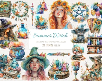 May include: A digital watercolor clipart set featuring a summer witch theme. The set includes 21 PNG files with images of a witch, a cat, a cauldron, a crystal ball, candles, flowers, and other magical elements.