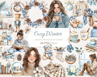 May include: Cozy Winter digital watercolor clipart set with 40 PNG files. Includes illustrations of a girl reading a book, a girl with a cup of coffee, a teddy bear, a cat, a snow globe, a cupcake, a mug of hot chocolate, a wreath, a nutcracker, a scarf, a sweater, a candle, a bowl of berries, a window, and a book stack.