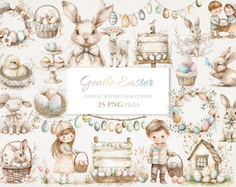 Gentle Pastel Easter Watercolor Clipart PNG Bundle. AI Illustration. Instant Download for Commercial Use. Junk Journal Card. 25 PACK