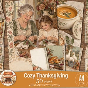 Könnte beinhalten: Eine Sammlung von 50 A4-Seiten mit Cozy Thanksgiving-Illustrationen, darunter Szenen einer Person und eines Kindes beim Basteln, Suppenschüsseln, gebratener Truthahn, Gänse, Kürbisse und florale Ränder mit spitzenartigen Kanten.