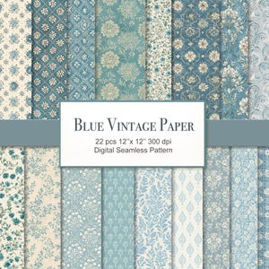 May include: A selection of 22 digital seamless patterns in blue and cream tones, showcasing floral, damask, and geometric motifs. The patterns measure 30.48 cm x 30.48 cm and are titled "Blue Vintage Paper".