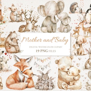 Mother and Baby Animals Watercolor Clipart PNG Bundle.  Child Nursery Art.  AI Illustration. Instant Download Commercial Use. 19 PACK