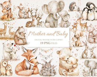 Mother and Baby Animals Watercolor Clipart PNG Bundle.  Child Nursery Art.  AI Illustration. Instant Download Commercial Use. 19 PACK
