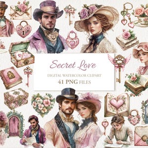 Paquete de imágenes prediseñadas de acuarela victoriana vintage de amor secreto. Secretos románticos. Ilustración de IA. Uso comercial. Álbum de recortes. 41 PNG