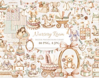 May include: Watercolor digital clipart set featuring nursery room themed illustrations. Includes teddy bears, rocking horses, baby carriages, baby clothes, and other baby-related items. The text "Nursery Room" is displayed in the center.