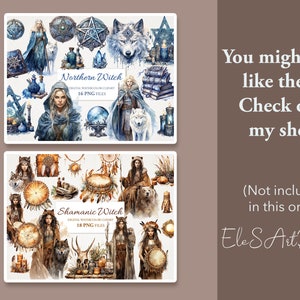 May include: Two digital watercolor clipart sets featuring illustrations of witches, wolves, and other magical elements. The first set, "Northern Witch", is blue and white. The second set, "Shamanic Witch", is brown and gold.