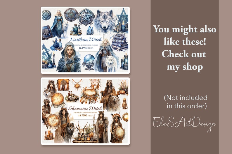 May include: Two digital watercolor clipart sets featuring illustrations of witches, wolves, and other magical elements. The first set, "Northern Witch", is blue and white. The second set, "Shamanic Witch", is brown and gold.