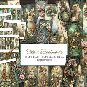 May include: A set of 30 digital printable bookmarks featuring a whimsical spring theme with bunnies, flowers, and eggs. The bookmarks are 5 cm wide by 15 cm tall and are 300 dpi.