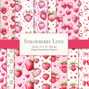 Modèle sans couture de coeurs Saint-Valentin amour fraise. Lot de papier artisanal numérique. Utilisation commerciale. Artisanat, scrapbooking, journal indésirable. PAQUET DE 16