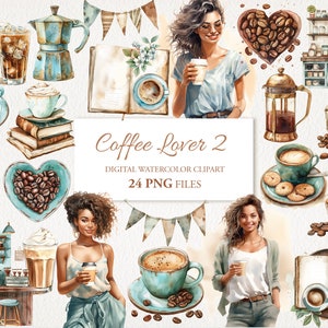 Coffee Lover Watercolor Clipart PNG Bundle. Rustic Vintage. Ilustracja AI. Natychmiastowe pobranie do użytku komercyjnego. Junk Journal Card. 24 PACK