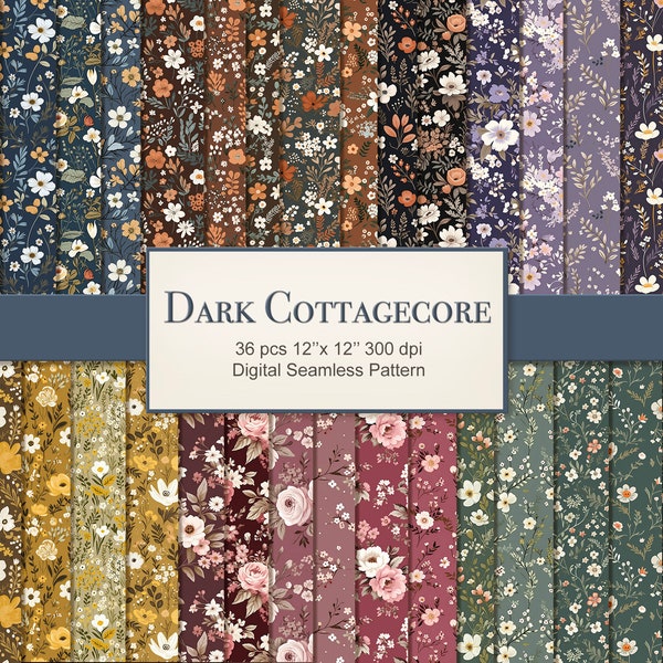 Dark Cottagecore Floral Seamless Pattern. Digital Craft Paper Bundle. Commercial Use. Crafting, Decoupage, Junk Journal. 36 PACK