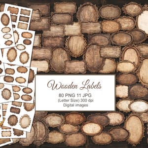 May include: A collection of vintage-style wooden labels in various shapes and sizes, including oval, rectangular, and ornate framed designs. The labels have a distressed, aged appearance with a warm, brown color palette. The image includes the text "Wooden Labels".