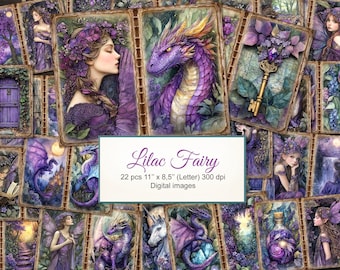 Puede incluir: Un collage digital de 22 imágenes con un tema de hada lila. Las imágenes incluyen hadas, dragones, flores y otros elementos caprichosos. Las imágenes son de 28 cm x 21,5 cm y 300 dpi.