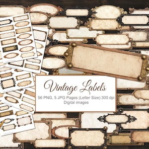 56 lege vintage png-biljetten. Beige witte kaders, etiketten, tags voor rommeltijdschriften. Digitale download.  + 5 JPG-afdrukbaar collagevel