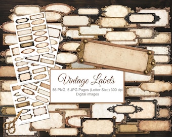 Tomma vintage-anteckningar. Beige vita ramar, etiketter, etiketter för skräpjournal, efemera. Digital nedladdning. 56 PNG, 5 JPG utskrivbart collageark.
