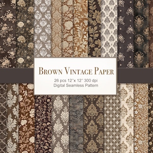 Könnte beinhalten: Eine Sammlung brauner Vintage-Papierbögen mit verschiedenen floralen und Damastmustern. Das Bild enthält den Text "Brown Vintage Paper" und Details zum digitalen nahtlosen Muster, einschließlich 26 Stück, jeweils 30,48 cm x 30,48 cm.