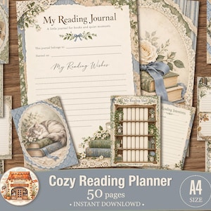 May include: A digital reading journal set featuring A4 size pages with vintage-style illustrations of books, flowers, a cat, and a bookshelf. The pages include text such as My Reading Journal, My Reading Wishes, and My Reading Shelf, with lined sections for notes and reading goals.