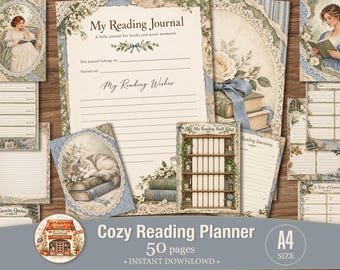 Cottagecore Reading Planner, Book Journal, Literary Tracker. A4 Printable Pages. 50 PACK