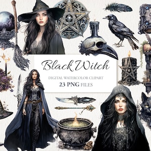 Black Witch Magic Witchcraft Watercolor Clipart PNG Bundle. AI Illustration. Instant Download for Commercial Use. Scrapbook Junk Journal