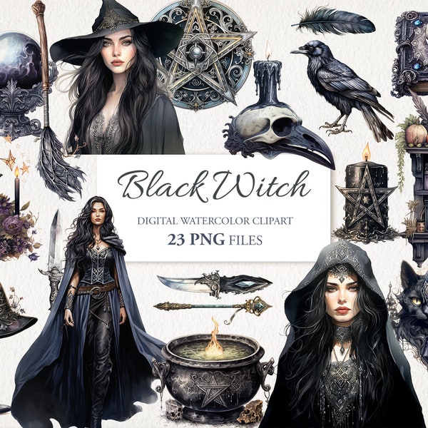 Black Witch Magic Witchcraft Watercolor Clipart PNG Bundle. AI Illustration. Instant Download for Commercial Use. Scrapbook Junk Journal