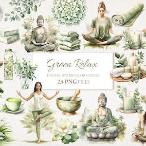 Green Relax Watercolor Clipart PNG Bundle. Yoga,Meditation.  AI Illustration. Instant Download for Commercial Use. Journal Card. 25 PACK