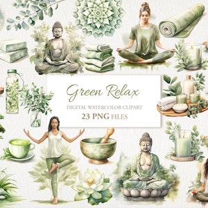 Paquete PNG de imágenes prediseñadas de acuarela Green Relax. Yoga, Meditación. Ilustración de IA. Descarga instantánea para uso comercial. Tarjeta de diario. PAQUETE DE 25