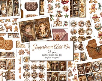 Gingerbread Christmas. Junk Journal Add On. Ephemera Fussy Cuts Craft Paper Digital. 21 PACK