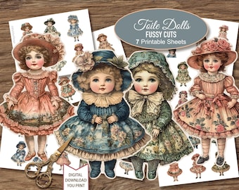 May include: Printable paper doll cutouts of seven toile dolls. The dolls are dressed in vintage-inspired clothing with floral patterns and lace accents. The dolls are wearing bonnets and have long hair. The title "Toile Dolls FUSSY CUTS 7 Printable Sheets" is at the top of the image.