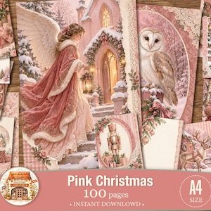 Rosa jul för skräpjournal, småtryck, papperspyssel. Utskrivbara A4-sidor. 100-pack