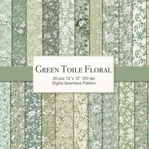 Green Toile Seamless Pattern. Floral Digital Craft Paper Bundle. Commercial Use. Crafting, Decoupage, Journal. 26 PACK