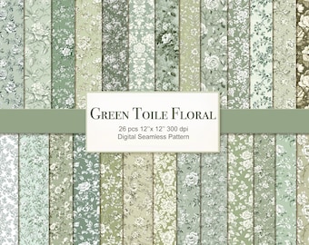 May include: A set of 26 digital seamless patterns featuring a green toile floral design. Each pattern is 12 inches by 12 inches and 300 dpi.