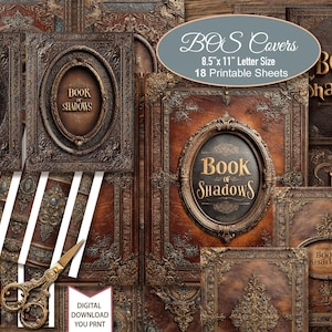 May include: A collection of antique-style book covers with intricate gold and brown embellishments. The covers display the text "Book of Shadows" in gold lettering. The image includes gold scissors and the text "BOS Covers 8.5" x 11" Letter Size 18 Printable Sheets".