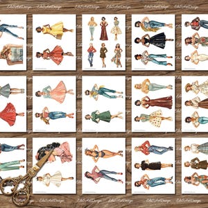 May include: A set of 20 digital printable images featuring women in various vintage outfits and poses. The images are in a cartoon style and are perfect for scrapbooking, card making, or other craft projects.