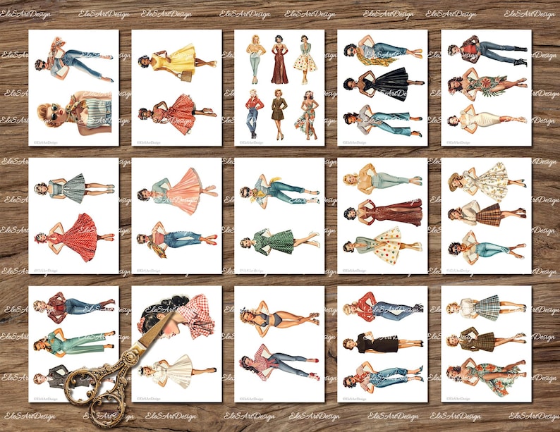 May include: A set of 20 digital printable images featuring women in various vintage outfits and poses. The images are in a cartoon style and are perfect for scrapbooking, card making, or other craft projects.