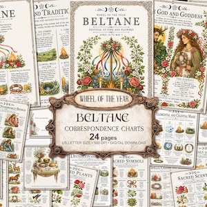 Könnte beinhalten: Eine Sammlung von vierundzwanzig Informationsseiten mit dem Titel Wheel of the Year Beltane Correspondence Charts. Die Seiten zeigen Illustrationen von Maibäumen, Blumenkränzen, Gottheiten und saisonalen Symbolen mit erklärendem Text.