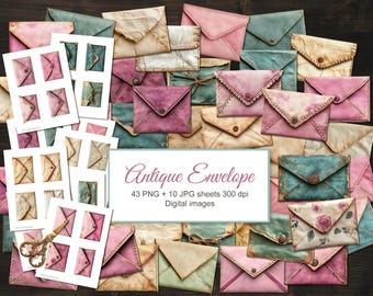 43 imagens PNG de envelopes vintage para scrapbooking. Download digital + 11 folhas de colagem imprimíveis em JPG.