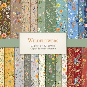 Modèle sans couture de fleurs sauvages. Lot de papier artisanal numérique floral Cottagecore. Utilisation commerciale. Artisanat, découpage, journal indésirable. 27 PAQUET