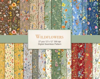 May include: A set of 27 digital seamless patterns featuring various colorful wildflowers on different backgrounds. The patterns are 12 inches by 12 inches and 300 dpi. The text "Wildflowers" is displayed in a banner at the top of the image.