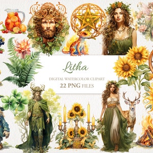 Litha Wicca Wicca Keltische neopaganistische aquarel clipart. PNG-bundel. AI-illustratie. Commercieel gebruik. Heks Hekserij Plakboek Ongewenst Dagboek